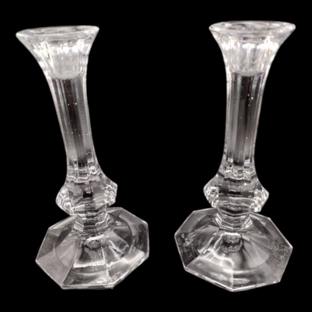Vintage Hand Blown Lead Glass Taper Candle Holder Set Elegant 7.5" Pair Unmarked